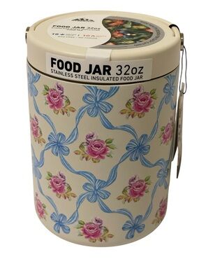 Hydrapeak Stainless Steel Insulated Food Jar Pink Roses & Blue Bows 32 oz- NWT